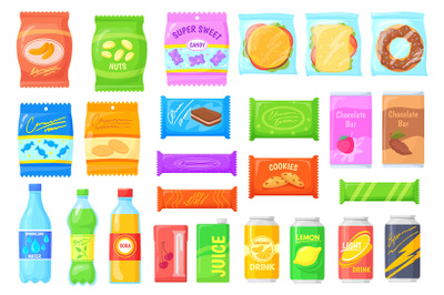 Vending products. Sandwich chips snacks packets, candy snack in wrappe