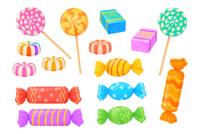 Cartoon wrapped candy. Caramel bonbon sweet lollipops snacks chocolate