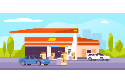 Automotive fueling building. Petrol diesel gas oil car station fill fu