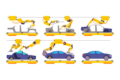 Car factory assembly. Automotive plant cars manufacture line, industri