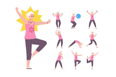 Seniors woman exercise. Aged lady fitness exercises wellness, elderly