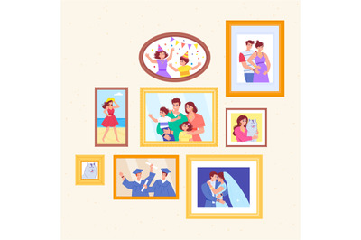 Family photographs. Families photo in frame on wall, memory pictures g