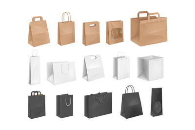 Realistic cardboard bags. Realistic mockup paper shopping bag with win