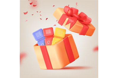 3d gift ticket. Benefits coupon in present box, benefit shopping holid