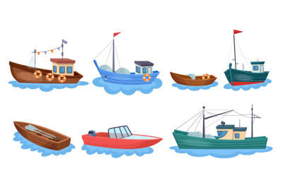 Boats with fishing nets. Fisherman boat marine ship sea ocean fisherie