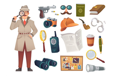 Private detective equipment. Cartoon inspector tools, investigator equ