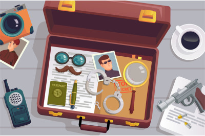 Detective briefcase. Open suitcase with spy surveillance tools investi