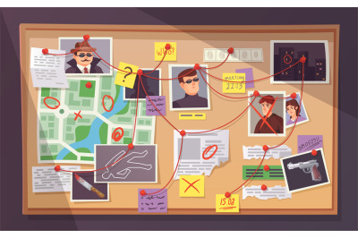 Detective board. Pinboard crime investigation map, pins threads wall c