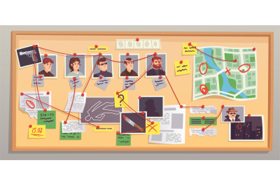 Investigation map. Investigating board with photo suspect or forensic