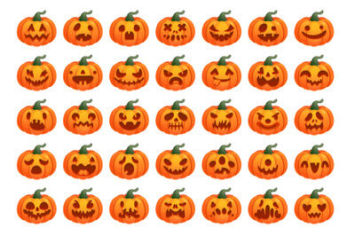 Pumpkin emoji. Halloween cartoon pumpkins carved face, helloween happy