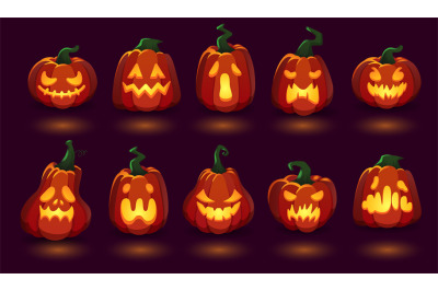 Glowing jack o lantern. Lights in dark pumpkins with scary carved expr