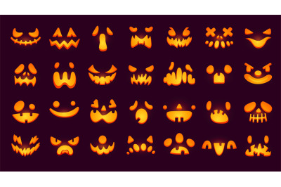 Glowing pumpkin faces. Glow eyes and teeth mouth of scary halloween cr