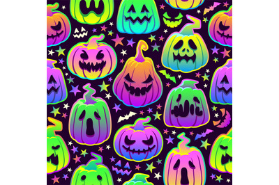 Neon pumpkin pattern. Halloween pumpkins seamless background, multicol