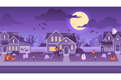 Halloween street houses. Decorated haunted house background, horror ca