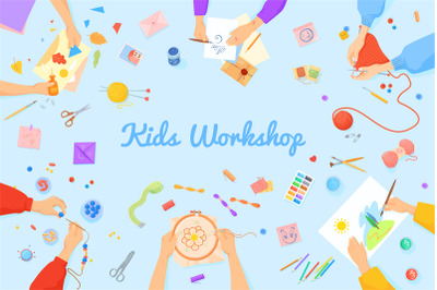 Kids diy workshop. Child handmade, teaching handcraft hobby embroidery