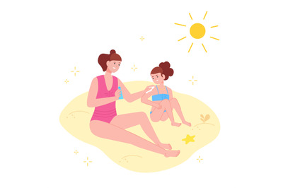 Mother applying sunscreen. Mom apply sunburn protection cream to baby