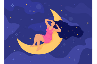 Woman rest on moon. Mystery girl calm dreaming and sleeping in night s
