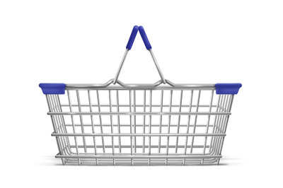 Metal supermarket basket. 3d shop cart with silver chrome wire, hyperm