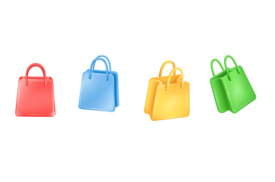 3d shopping handbag. Empty colorful shop bag, levitate packages fashio