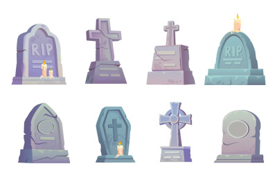 Cartoon headstones. Scary gravestones stone crosses, halloween ring gr