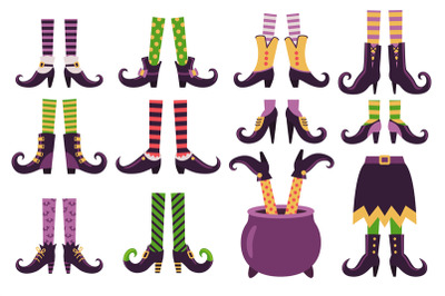 Witch legs. Cartoon witches feet in shoes boots stockings cauldron pot