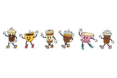 Cartoon coffee drinks mascots. Cups of espresso, cappuccino and latte