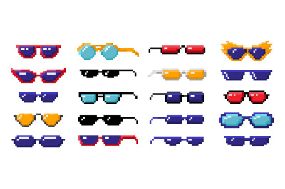 Pixel art sunglasses. Color 8 bit glasses for pranking memes, pixelate