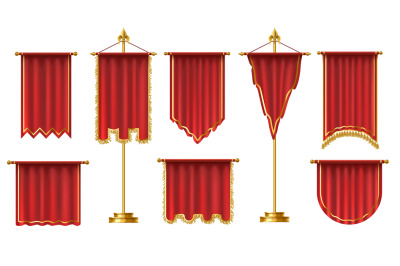 Royal flags. Red textile pennant on golden stand and hanging regal med