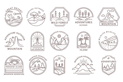 Line art adventure badges. Outline travel emblems with outdoor landsca