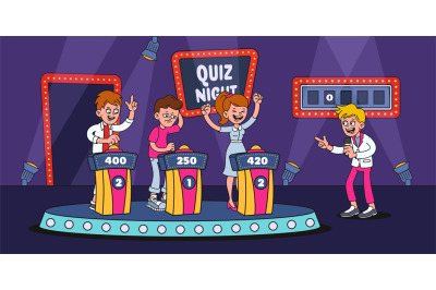 TV quiz show. Happy characters playing intellectual game and asking qu