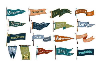 Travel pennants. Summer camp, let go travel and camping flags. Adventu