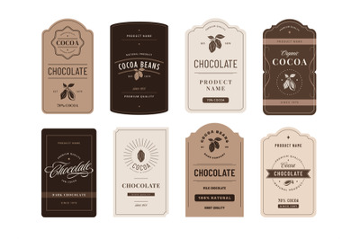 Cocoa label. Classic chocolate emblems with cocoa beans, artisanal pro