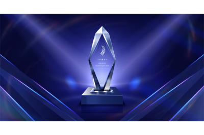 Premium victory trophy. Crystal success nomination, transparent glass