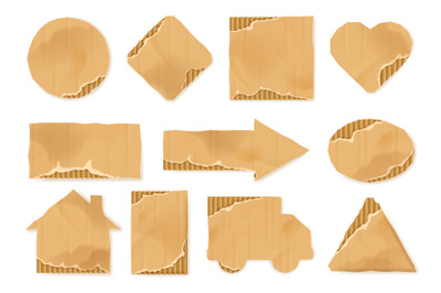 Cardboard shapes. Paperboard cutouts shapes of delivery truck, home ic