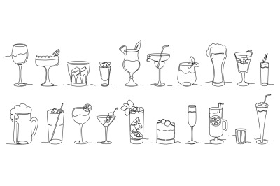 Continuous one line alcohol drinks. Alcoholic beverages glasses, from