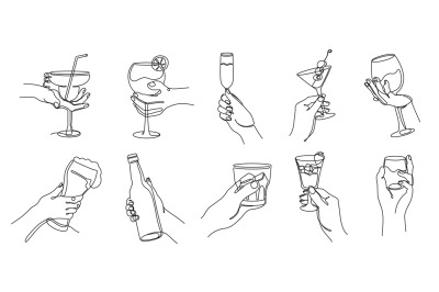 Continuous one line cheers hands. Linear hands raising various glasses