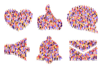 Top view isometric crowd icons. Heart shape, thumb up like, social spe