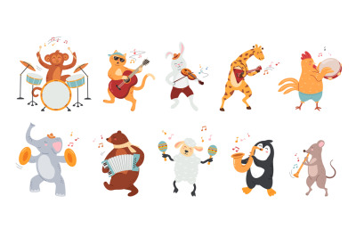 Animals play music. Zoo musicians, cute animal mascots with different