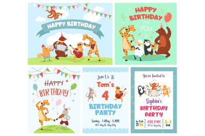 Greeting card with cartoon animals. Cute animal musicians play happy b