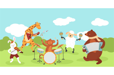 Cartoon forest animals concert. Cute zoo musicians play music with mus