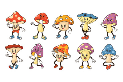 Cartoon mushroom characters. Groove fungi mascots, funny mushrooms wit