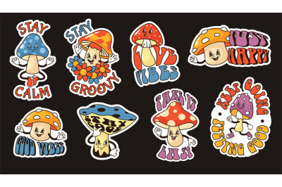 Cartoon mushrooms stickers. Groovy fungi, stay calm and good vibes pri