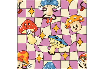 Trippy cartoon mushroom pattern. Psychedelic groovy fungi dancing on c