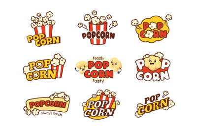 Popcorn emblem. Sweet corn snacks banners for cinema shop, striped buc