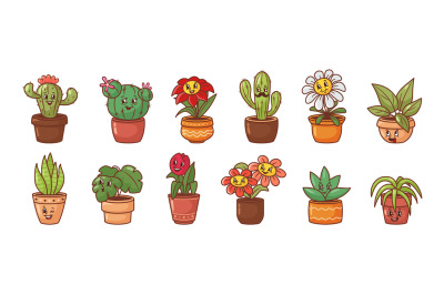 Cartoon flower in pot mascot. Cheerful cacti character, smiled flowers