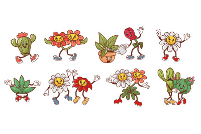 Cartoon blooming flower mascot. Cheerful plant characters with playful