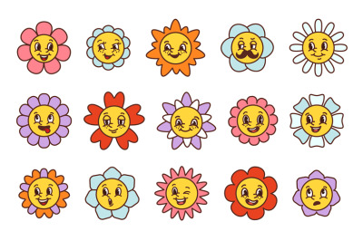 Cartoon flower faces. Happy smiling floral characters with various fac