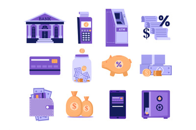 Banking illustrations. Bank building, payment fintech icons and credit