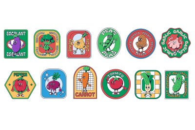 Cartoon vegetables stickers. Veggie emblems templates with retro 1930s