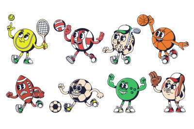 Cartoon sport ball mascot. Sports equipment characters for tennis, bas